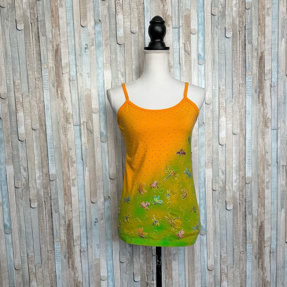 Vintage 90s S Bright Orange Green Painted Dragonfly Tank Top Cami Y2K Fairycore - Picture 2 of 6